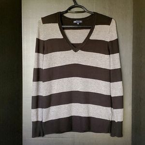 Gap Luxe Unisex Grey and Black Stripe Knit Long Sleeve Shirt/Sweater - Medium